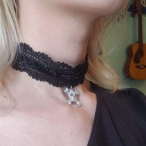 Goth bedazzled skull and crossbones choker